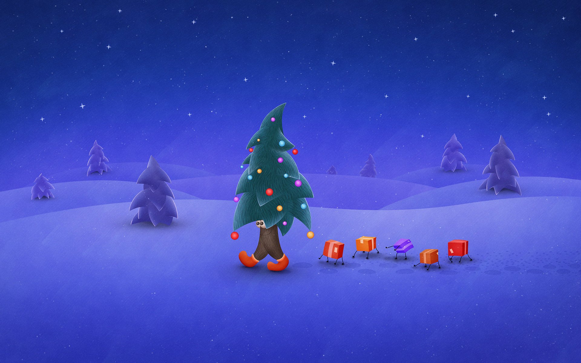 winter walking tree night snow holiday gifts tree new year stars herringbone feet box balls decoration hills the snow forest