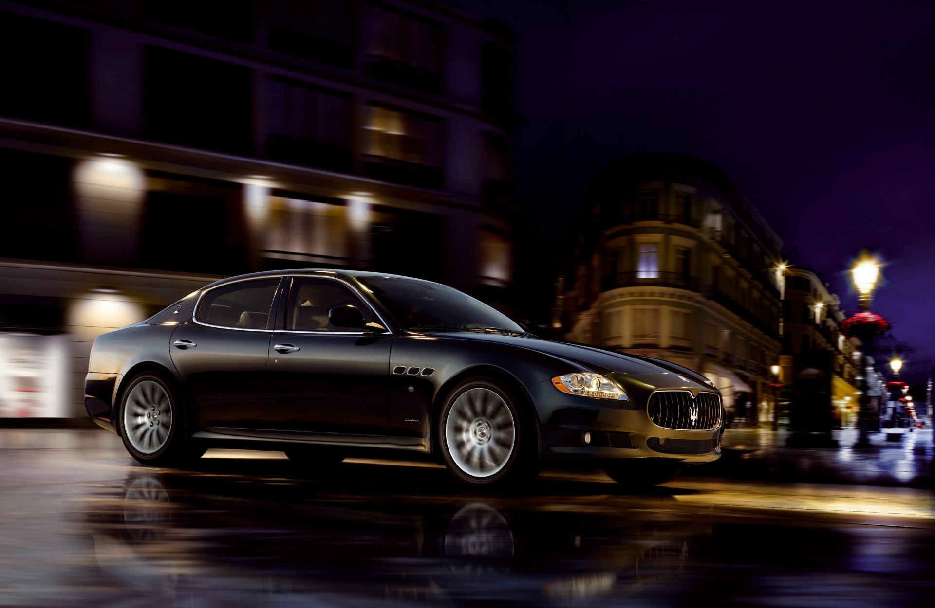 maserati quattroporte negro ciudad ruedas montar a caballo noche