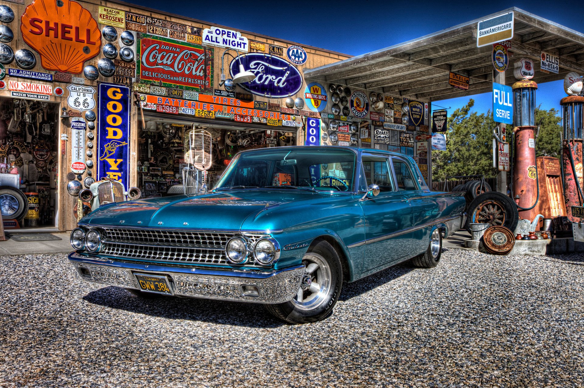 ford galaxy 1961 samochód klasyczny retro serwis stacja benzynowa tankowanie