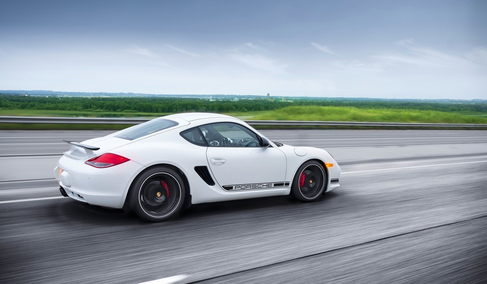 porsche cayman r white rear road