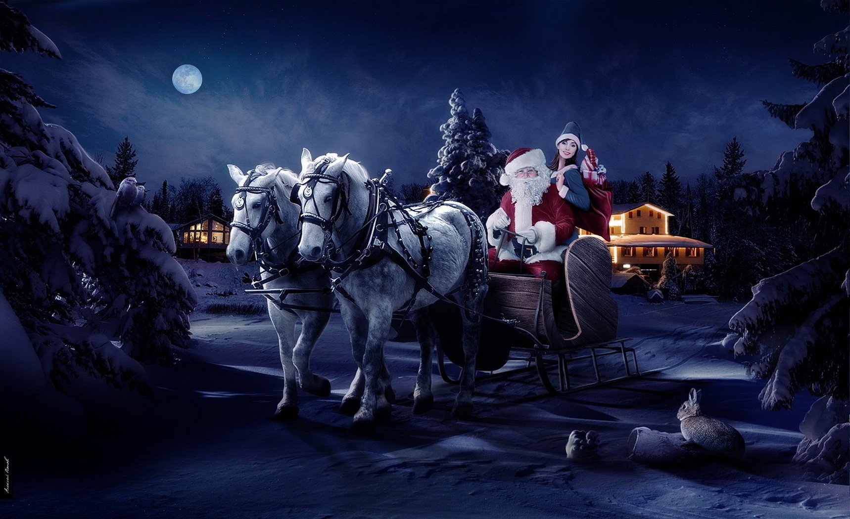 père noël dans les pommes lune nouvel an chevaux nuit gris