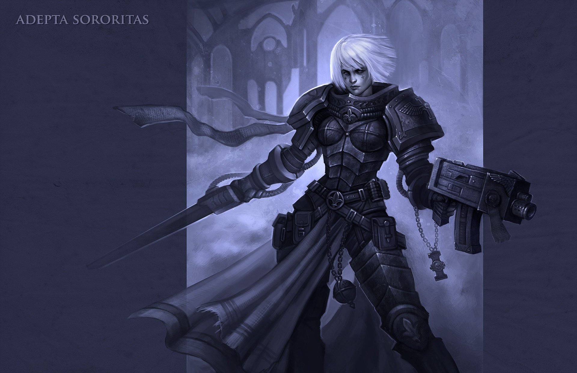 first-the guardian warhammer 40k power sisters of battle adepta sororitas girl warrior weapons drawings anime shooter blonde women