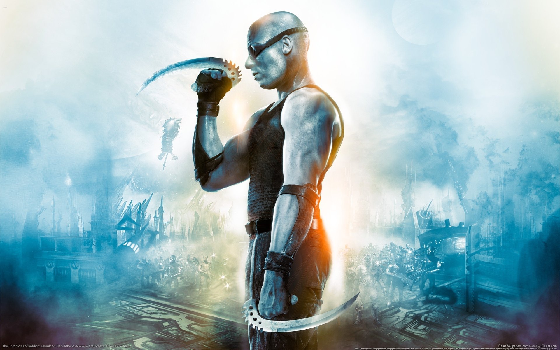 the chronicles of riddick assault on dark athena riddick vin diesel lames fiction jeux profil chauve torse muscles armes fumée hommes jock