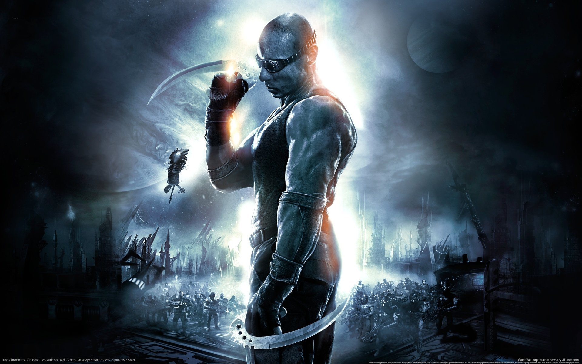 the chronicles of riddick assault on dark athena riddick vin diesel cuchillas ficción juegos perfil músculos calvo armas oscuridad torso hombres jock gafas