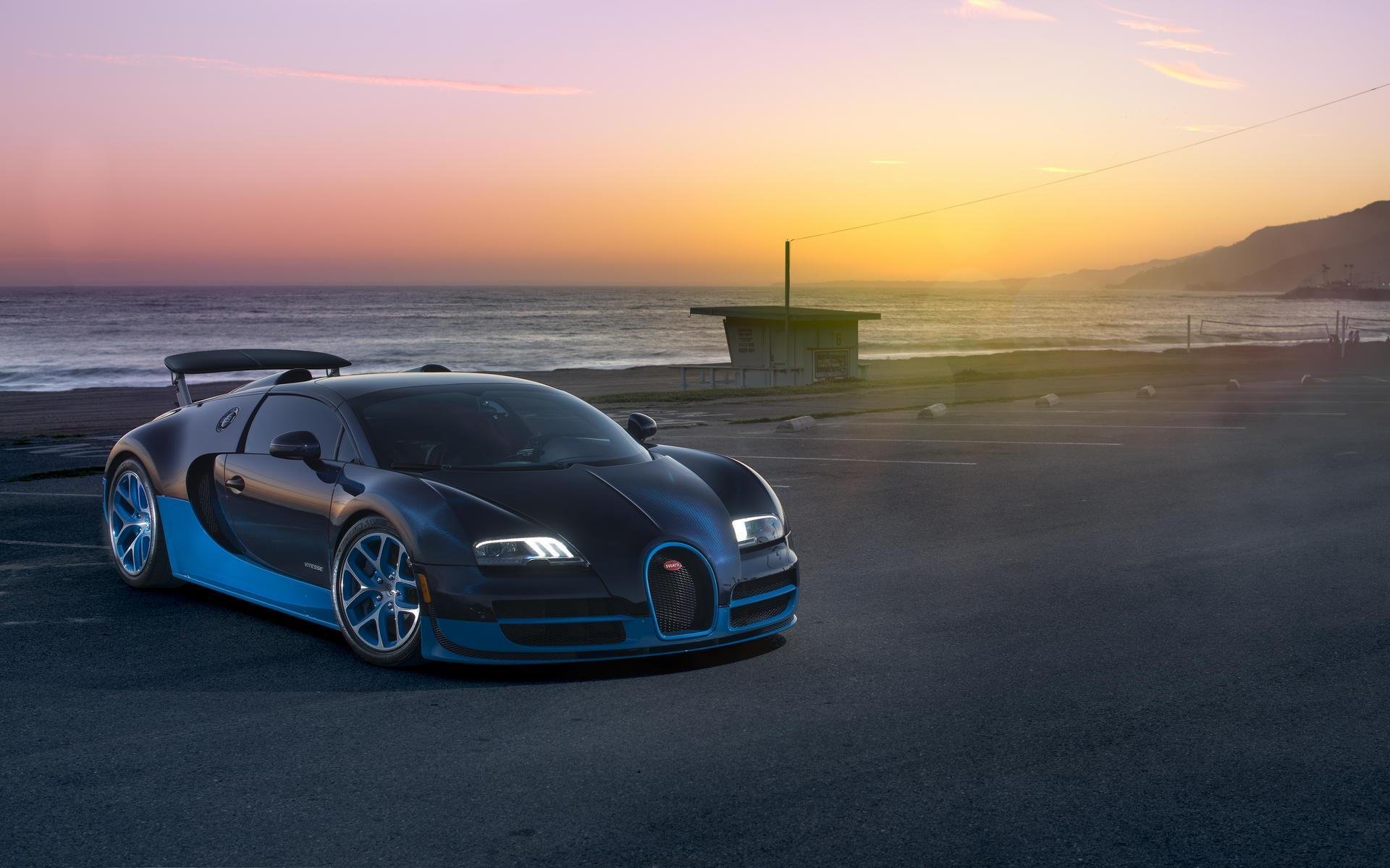 bugatti veyron grand sport vitesse supersamochód morze zachód słońca bugatti veyron