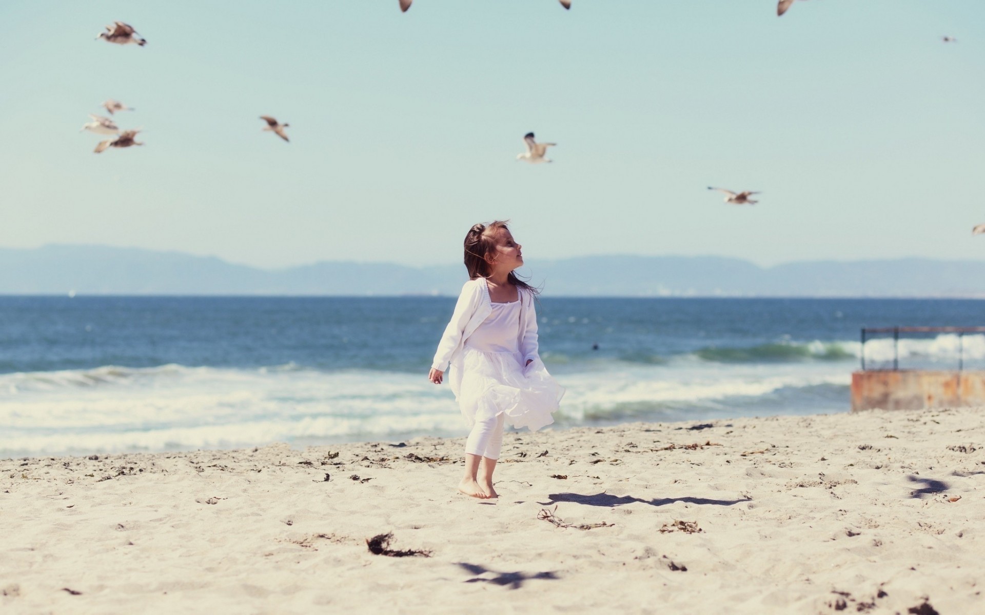 grand écran plein écran plage empreintes de pas humeur enfants oiseaux fond mer papier peint eau vague fille vent sable oiseaux