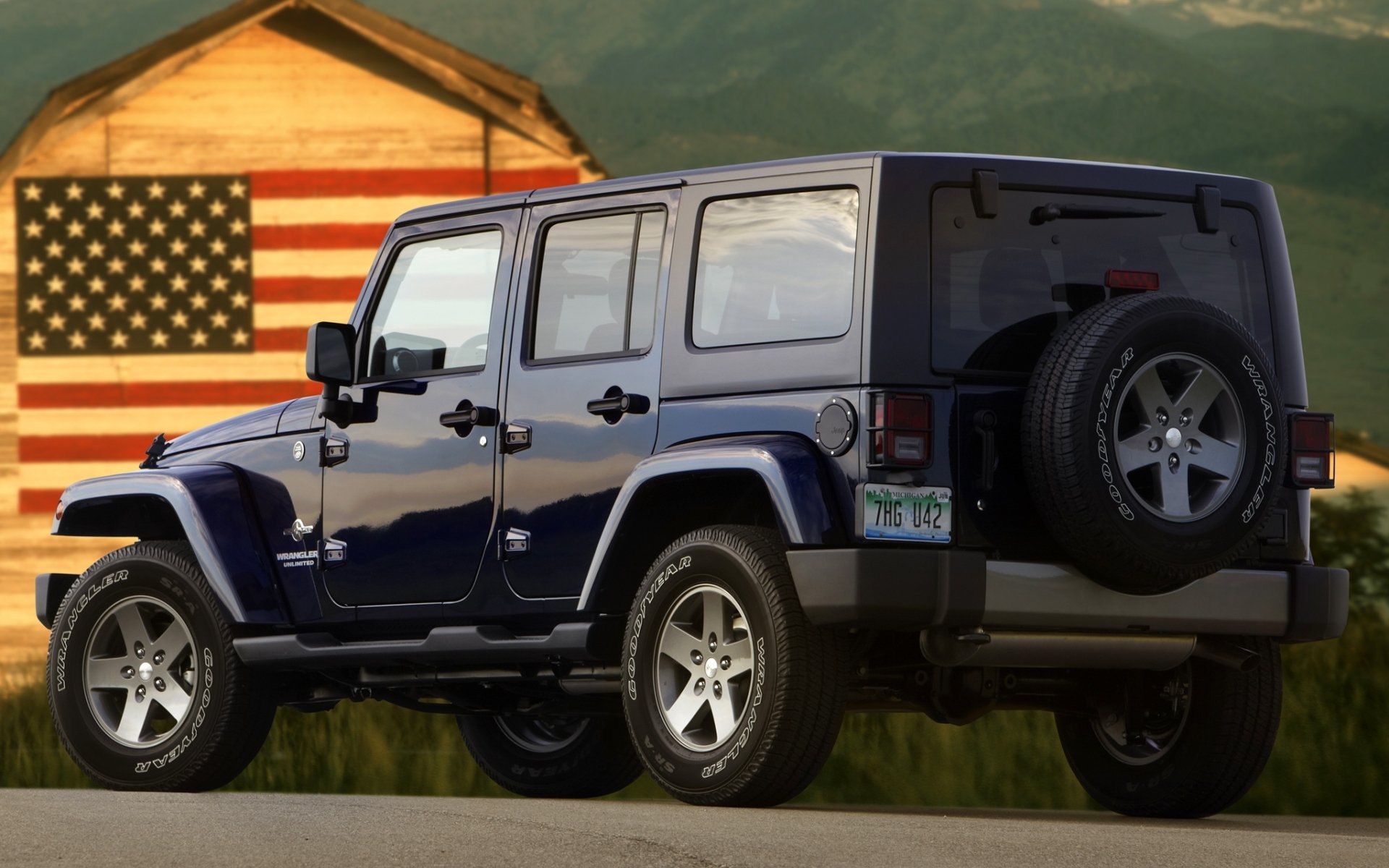 jeep wrangler illimité liberté rengler illimité suv vue arrière drapeau américain