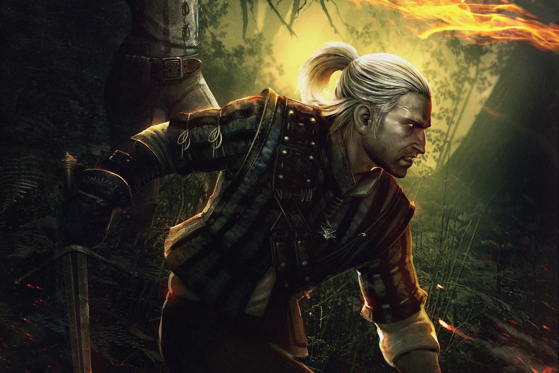 the witcher 2 killer of kings witcher 2 assassins of kings drawings anime fire darkness profile tail man aggression rage sword weapon fight battle witcher