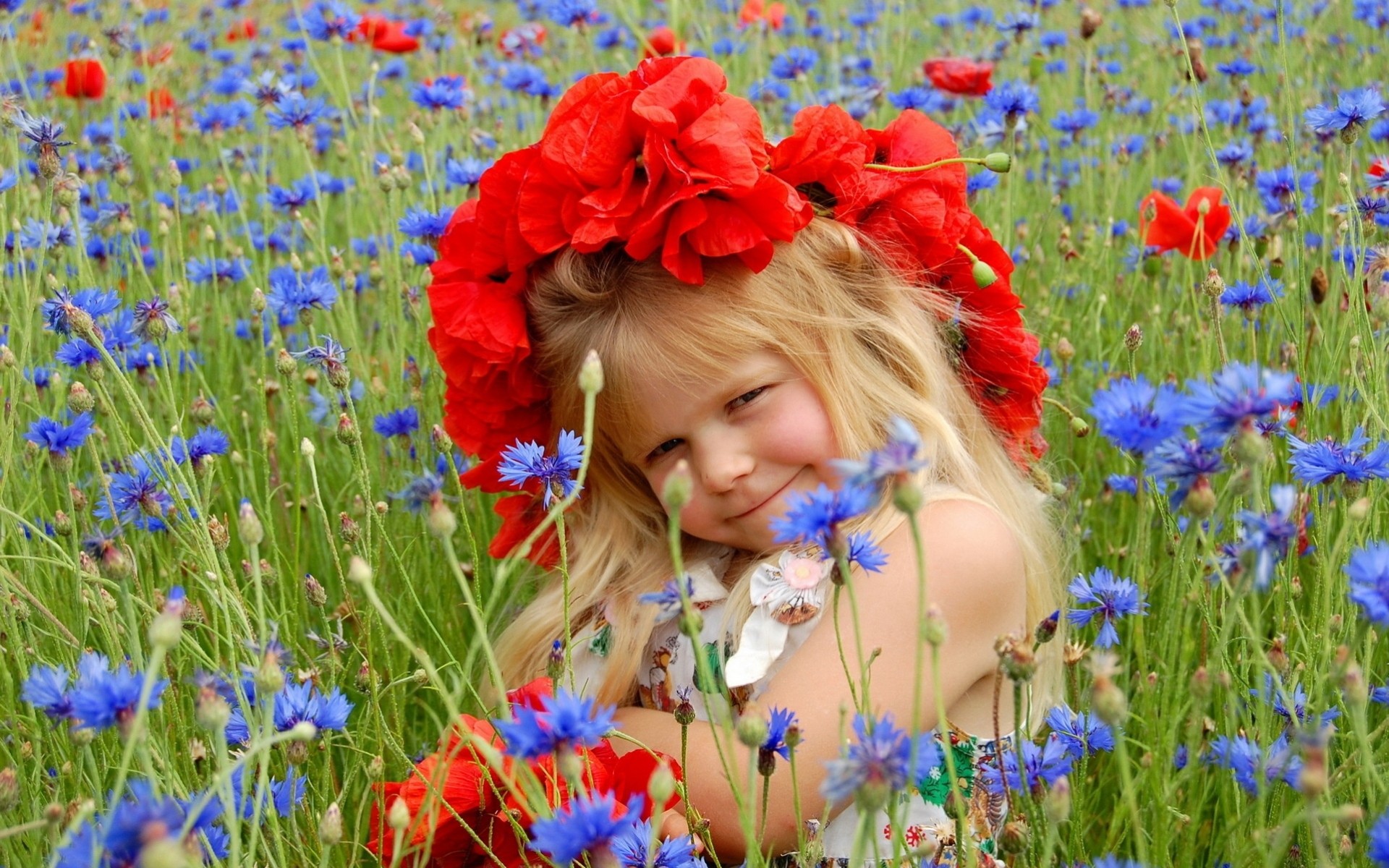 fille fleurs coquelicots couronne bleuets pré