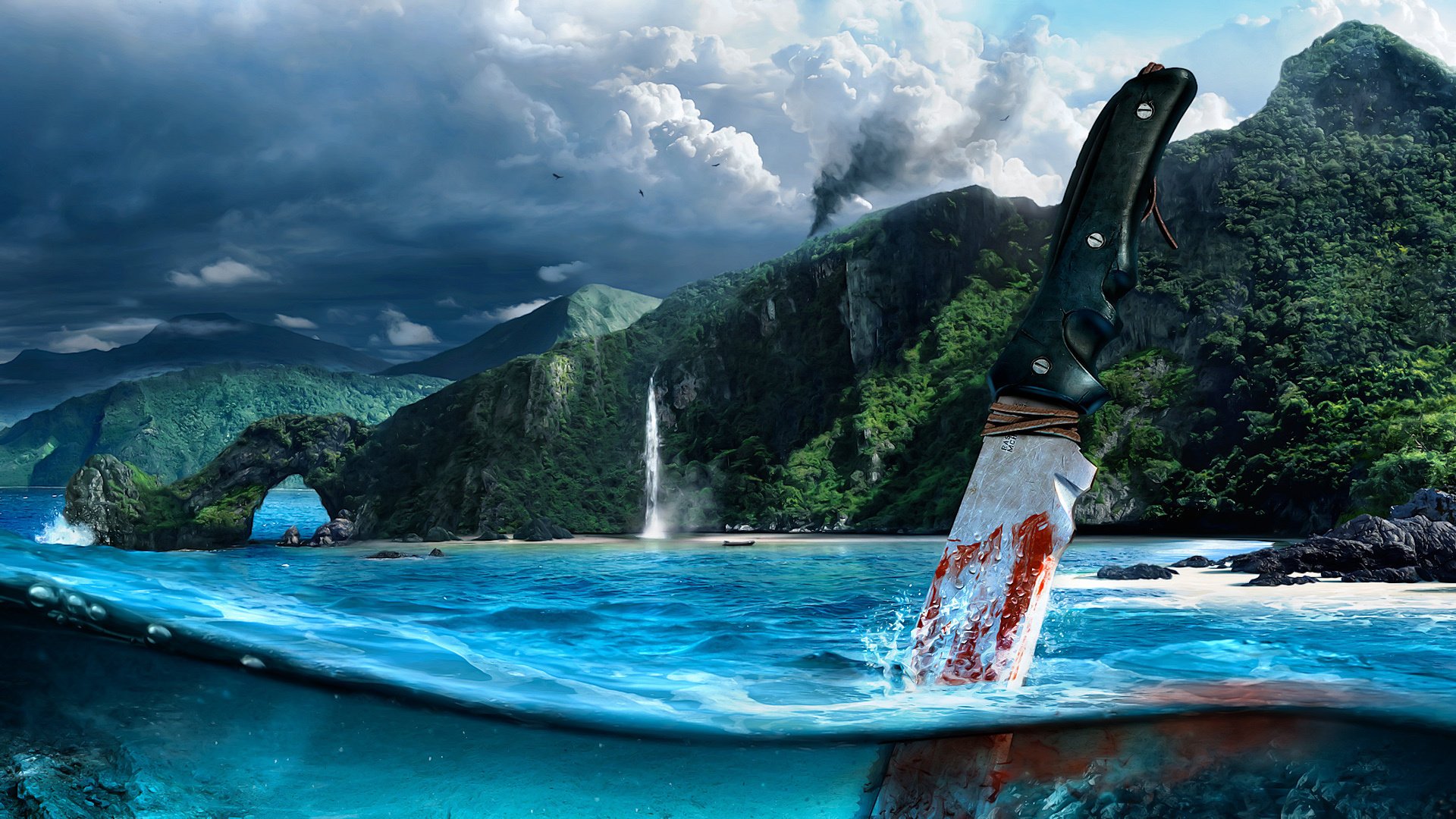 farcry 3 water knife blood clouds clouds sky macro mountains greenery arch river waterfall tree