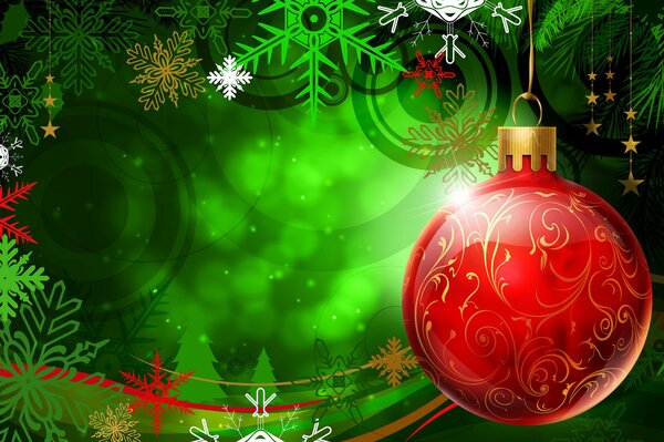 Lo sfondo verde è decorato con una palla di Natale rossa, fiocchi di neve Verdi, Rossi, dorati e bianchi