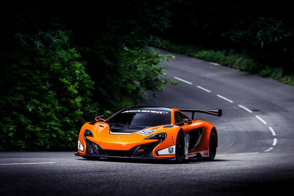 Orange sports car moves along the forest to