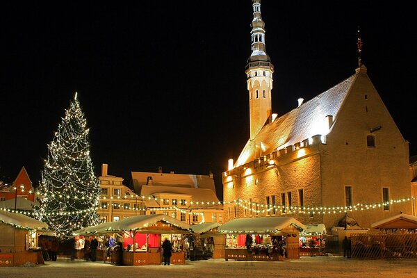 Weihnachtsschmuck von Häusern und Straßen