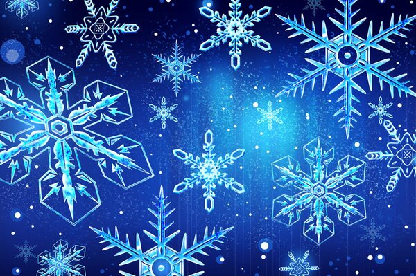 Snowflakes on a blue background in different designs