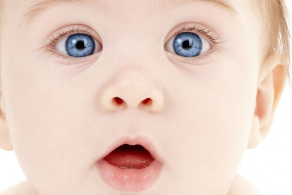 The face of a blue-eyed baby crumbs with an open mouth macro shooting