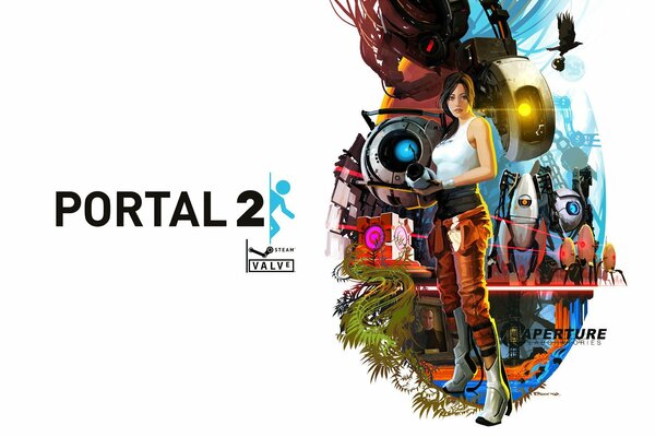 Portal 2 robots con una chica sobre un fondo blanco