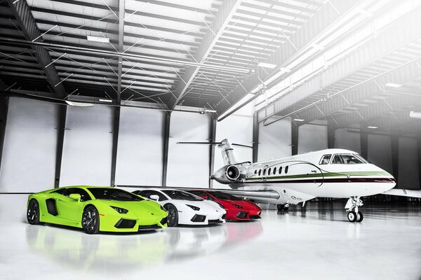 Lamborghini 3 different colors with airplane