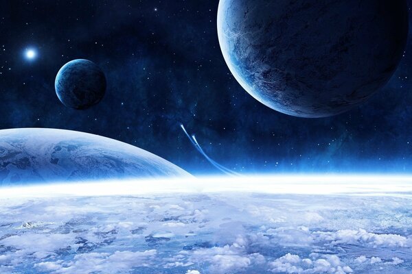 Étoiles bleues et planètes dans l espace
