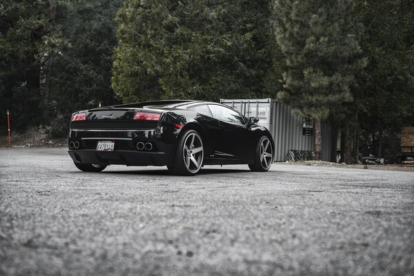 Schwarzes Auto der Marke Lamborghini Seitenansicht von hinten auf dem Hintergrund von Asphalt und Bäumen