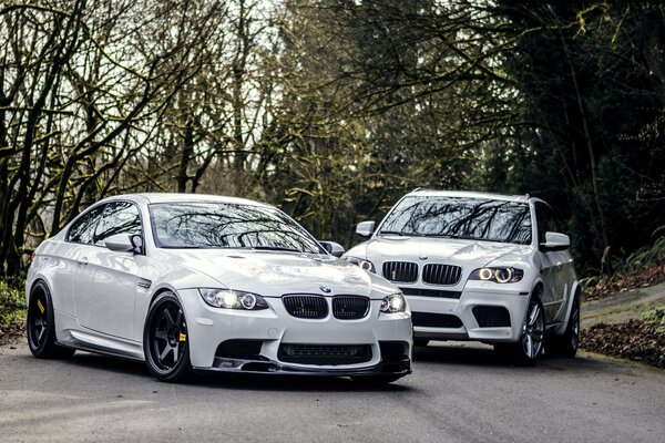 Two white BMW e92 and m5 cars crash