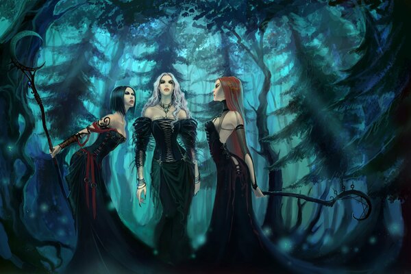 Trzy czarownice stoją w lesie