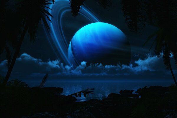 A blue planet in the dark of night