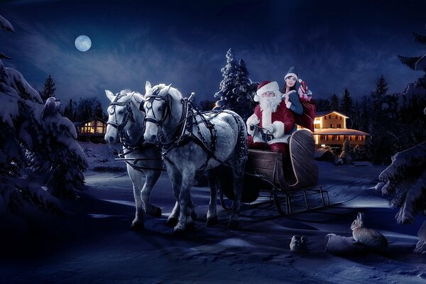 Santa Claus and a team of horses night