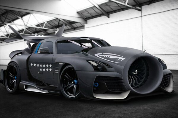 Gray matte tuned Mercedes car airplane in the hangar