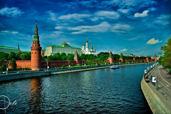 The Moscow Kremlin on the bank of the Moscow River