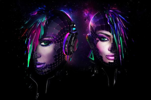 Weibliche Gesichter auf schwarzem Hintergrund in Neonfarbe
