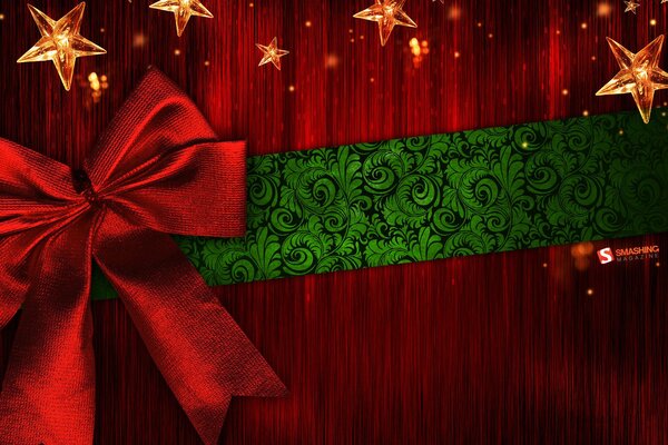 New Year gift red bow with green ribbon
