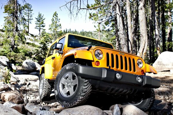 SUV jeep wrangler overcomes rocks