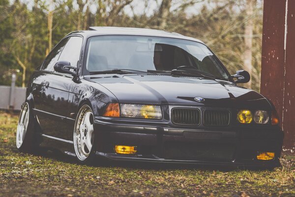 Schwarzer BMW auf einer Position unter Herbstlaub