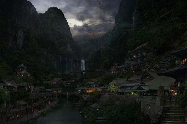 Animated Asian village in the mountains