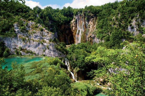 Belle nature. Cascade se jette dans le lac