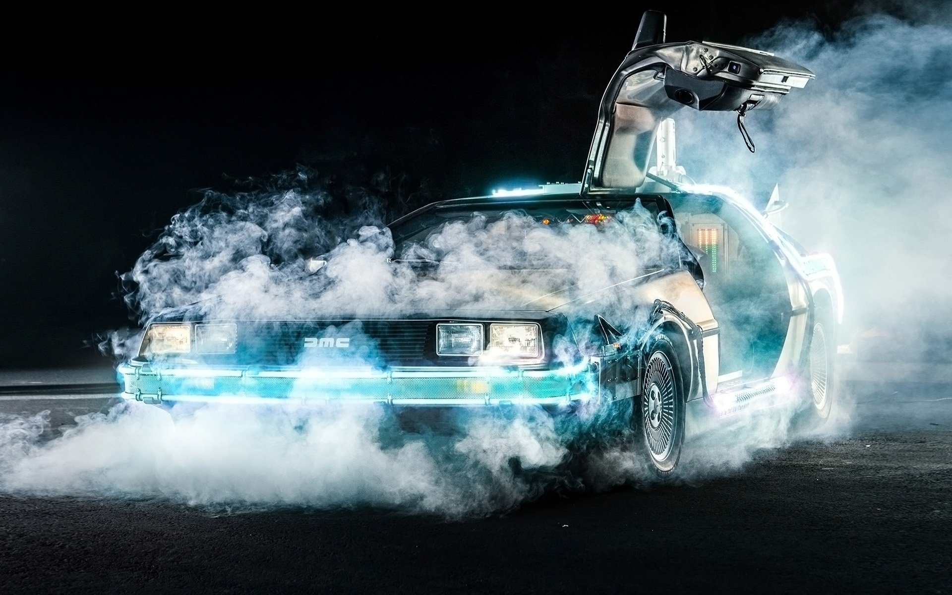 delorean dmc-12 zurück in die zukunft zeitmaschine delorian front rauch tür hintergrund
