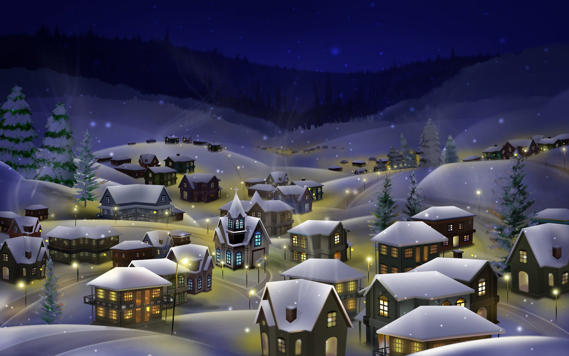 nuit arbres de noël hiver lumières maison