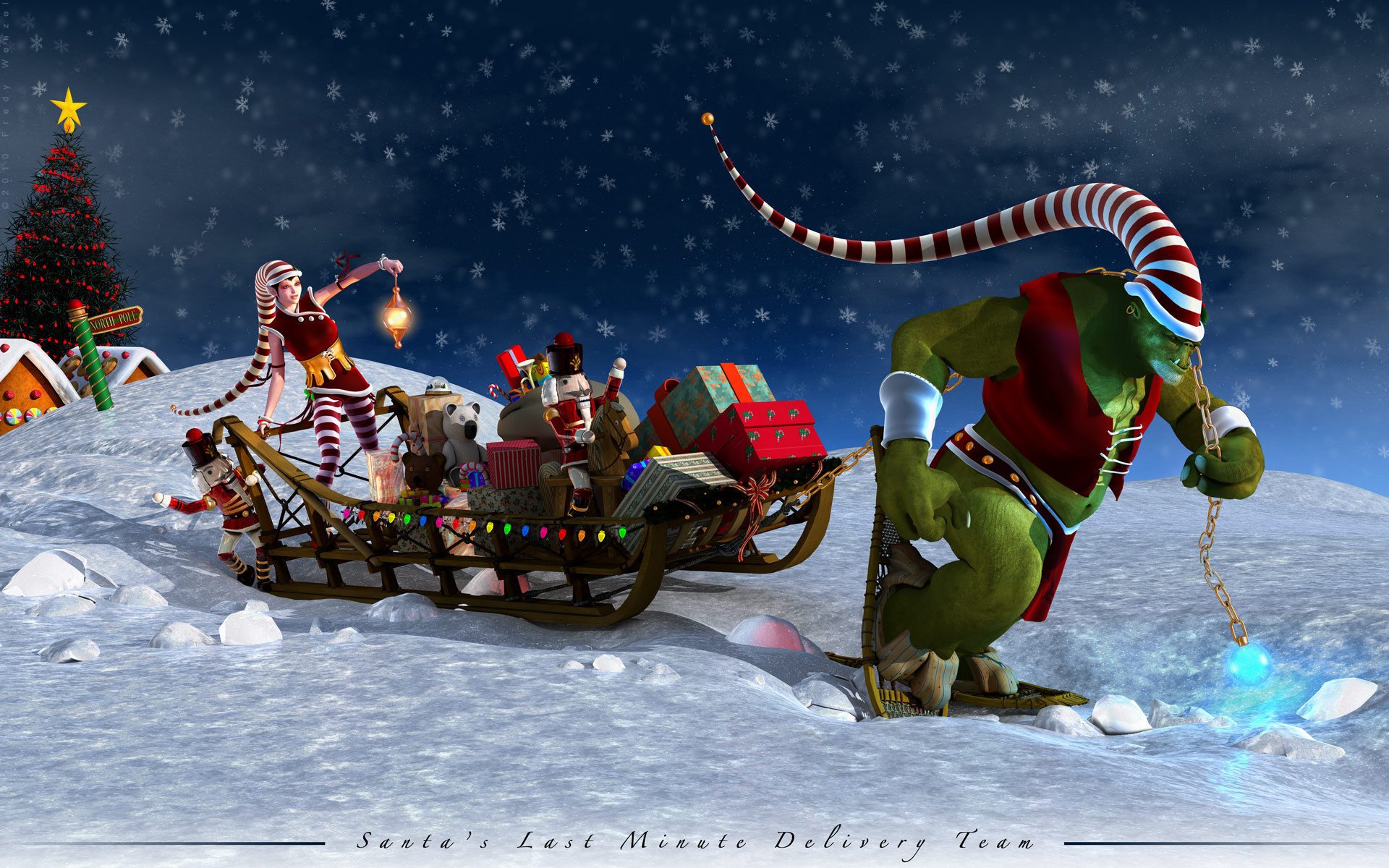 weihnachtsmann claus anime schlitten weihnachtsbaum geschenke