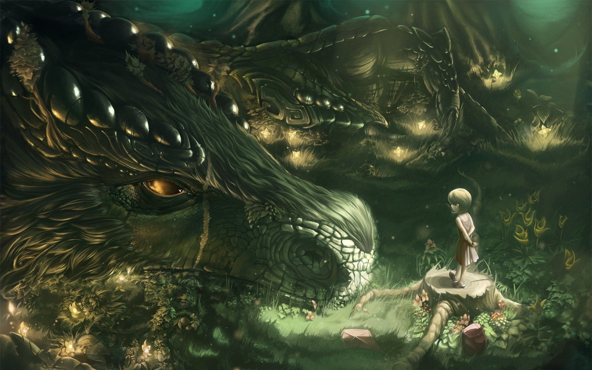 drachen blumen wald stumpf mädchen licht tasche