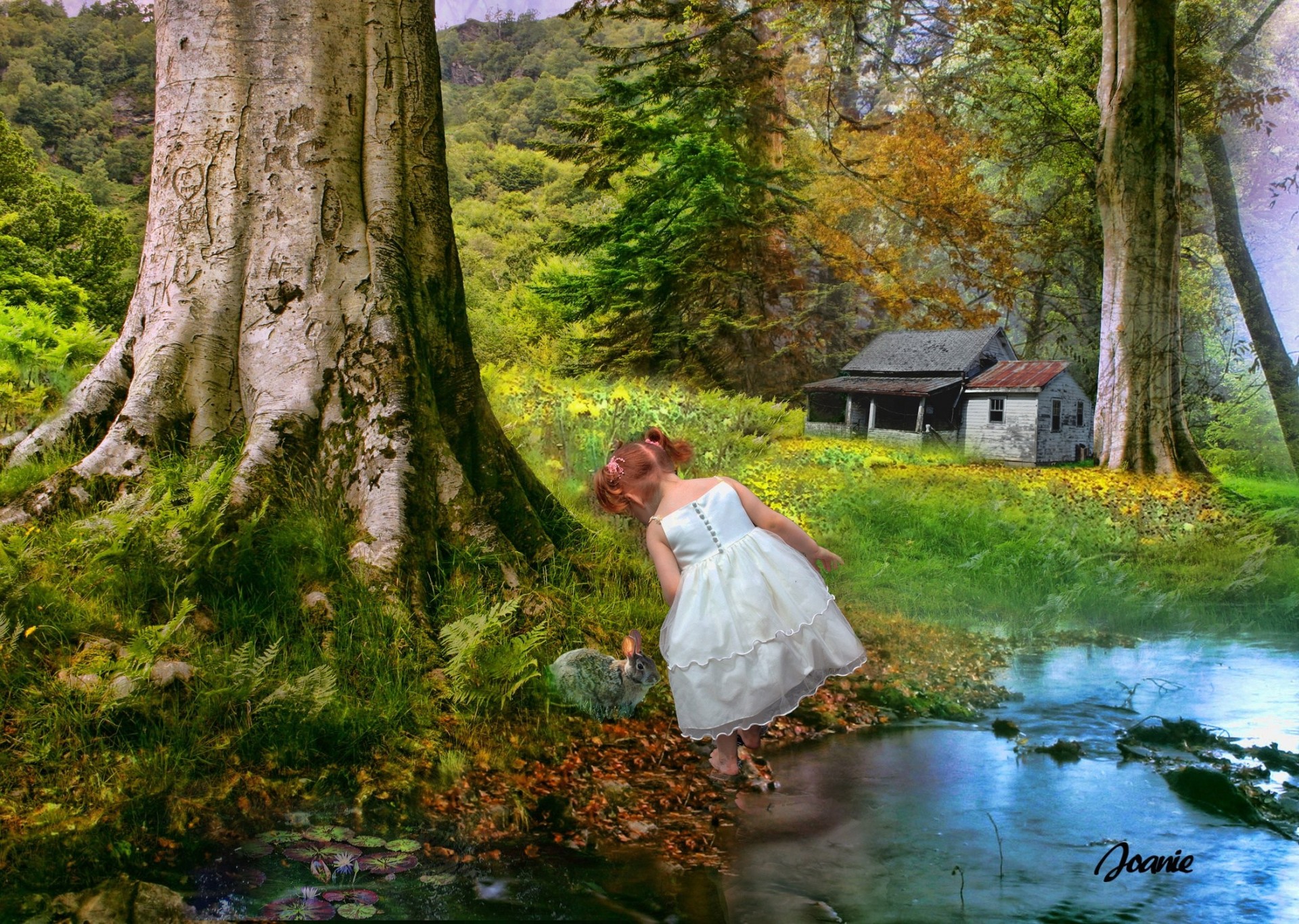 kind fluss wald mädchen hütte