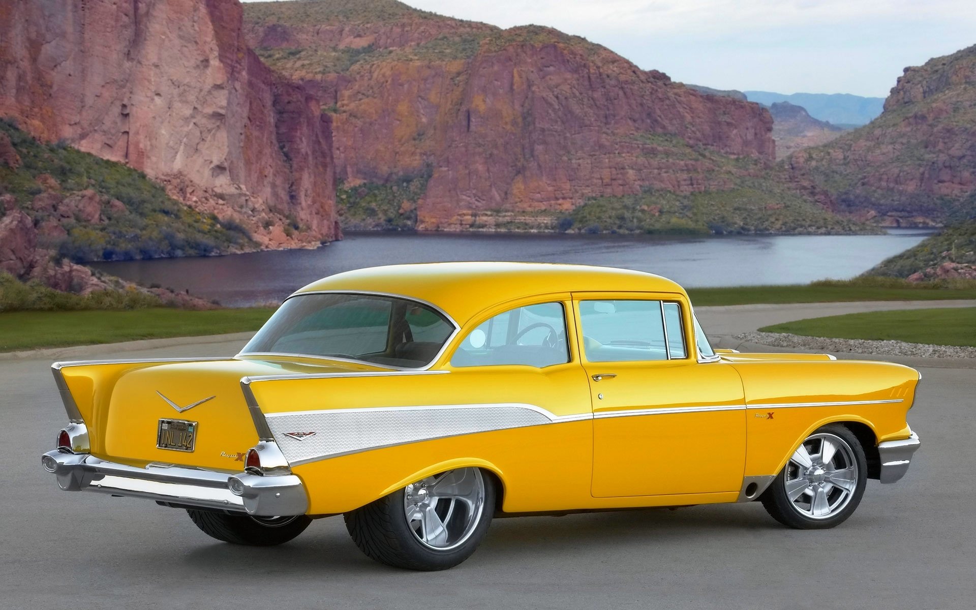 chevrolet project x car retro yellow a side view lake mountain day