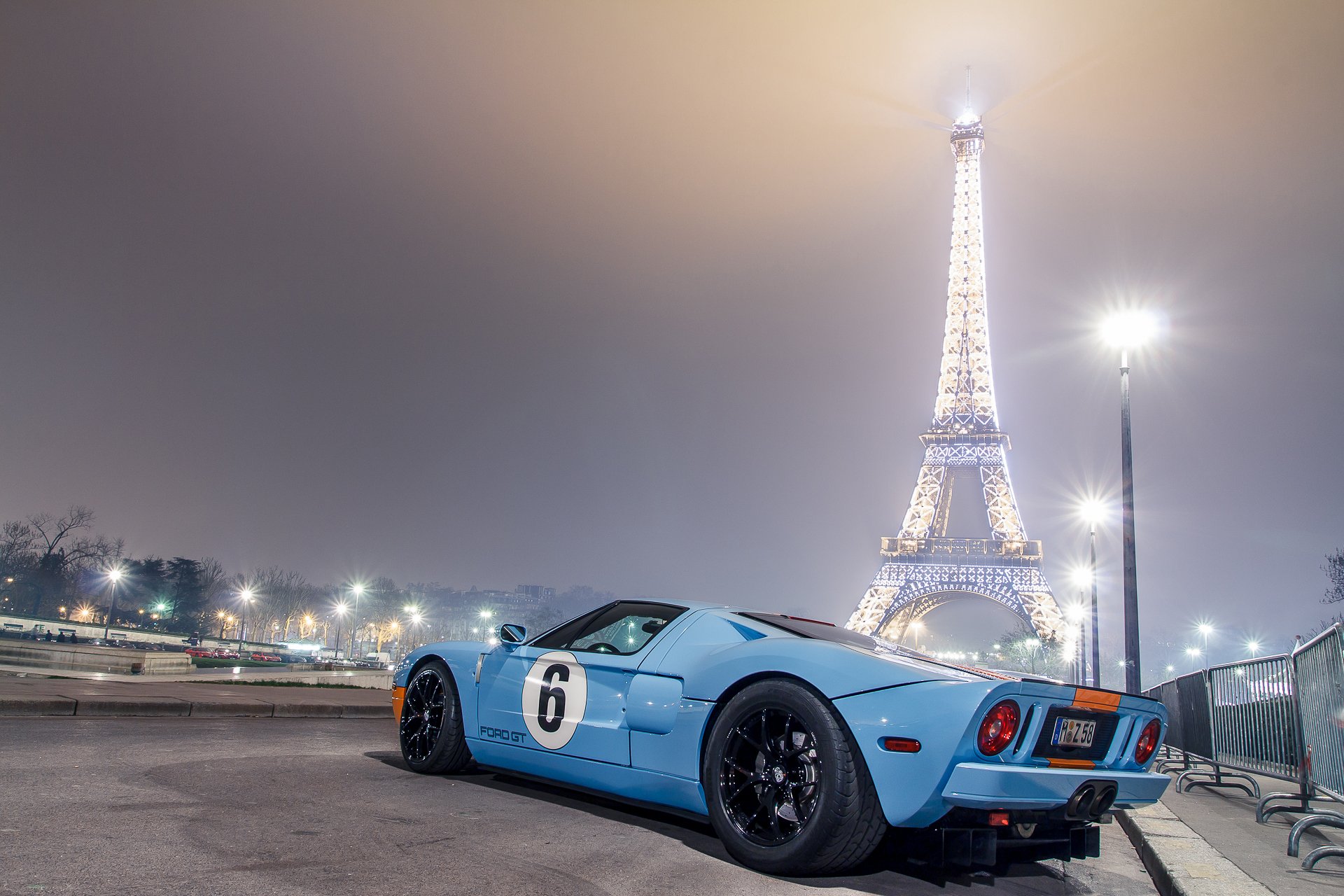 форд gt40 синий ночь эйфелева башня свет париж голубой фонари