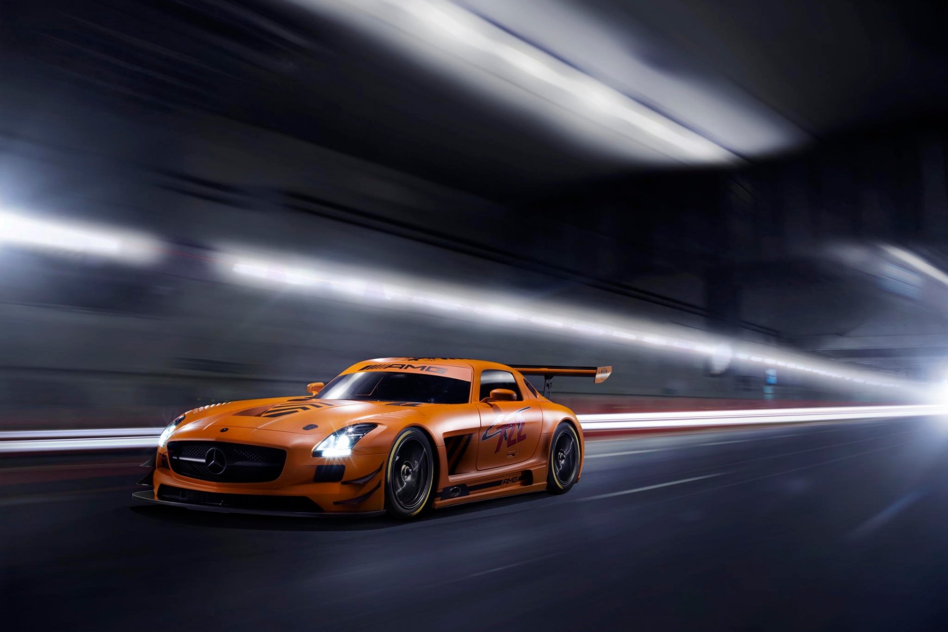 mercedes-benz sls gt3 amg оранжевый мерседес бенц тоннель