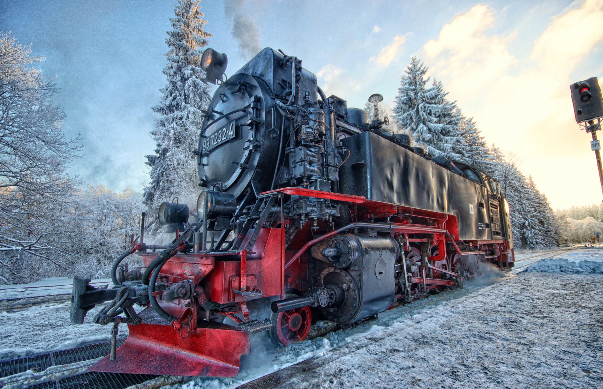 locomotora de vapor invierno nieve paisaje semáforo