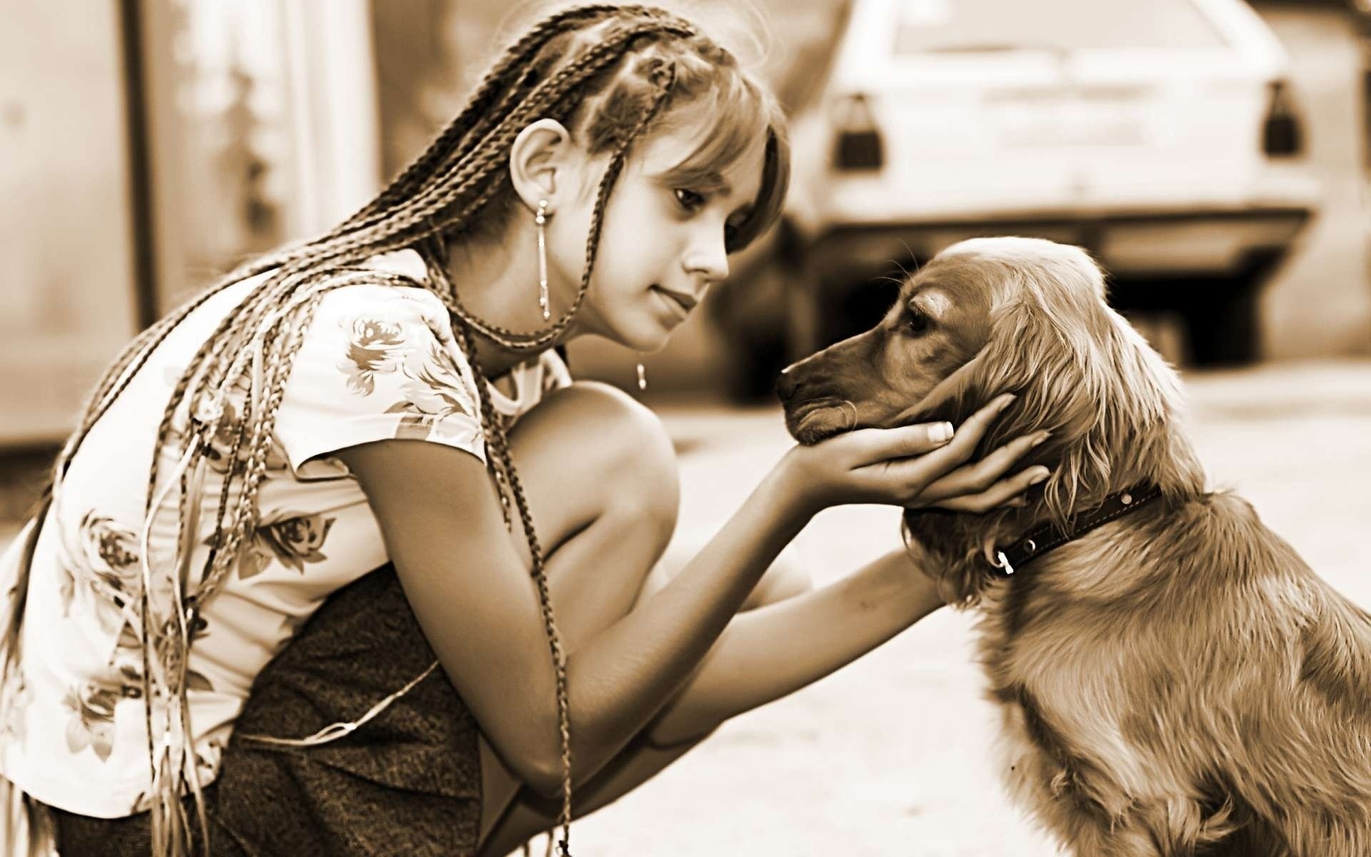 friends dog girl sepia