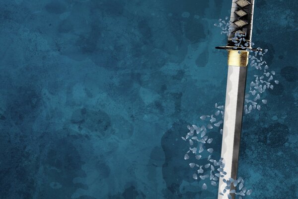 Épée avec des pétales enroulés sur fond bleu