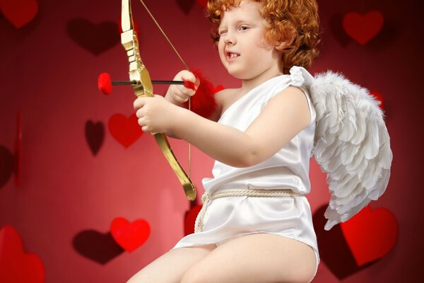 Cupid aims a bow at the hearts