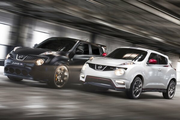 Coche blanco y negro compiten en velocidad