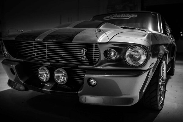 Ford Mustang Shelby czarno-białe zdjęcie