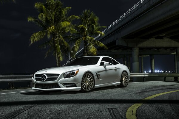 White Mercedes on a background of green palm trees
